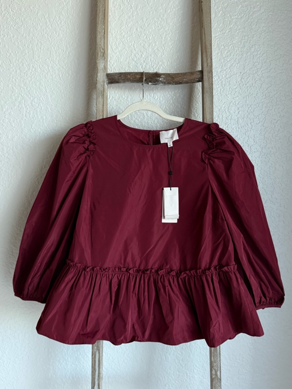 cinq a sept Burgundy Puff-Sleeve Peplum Top
